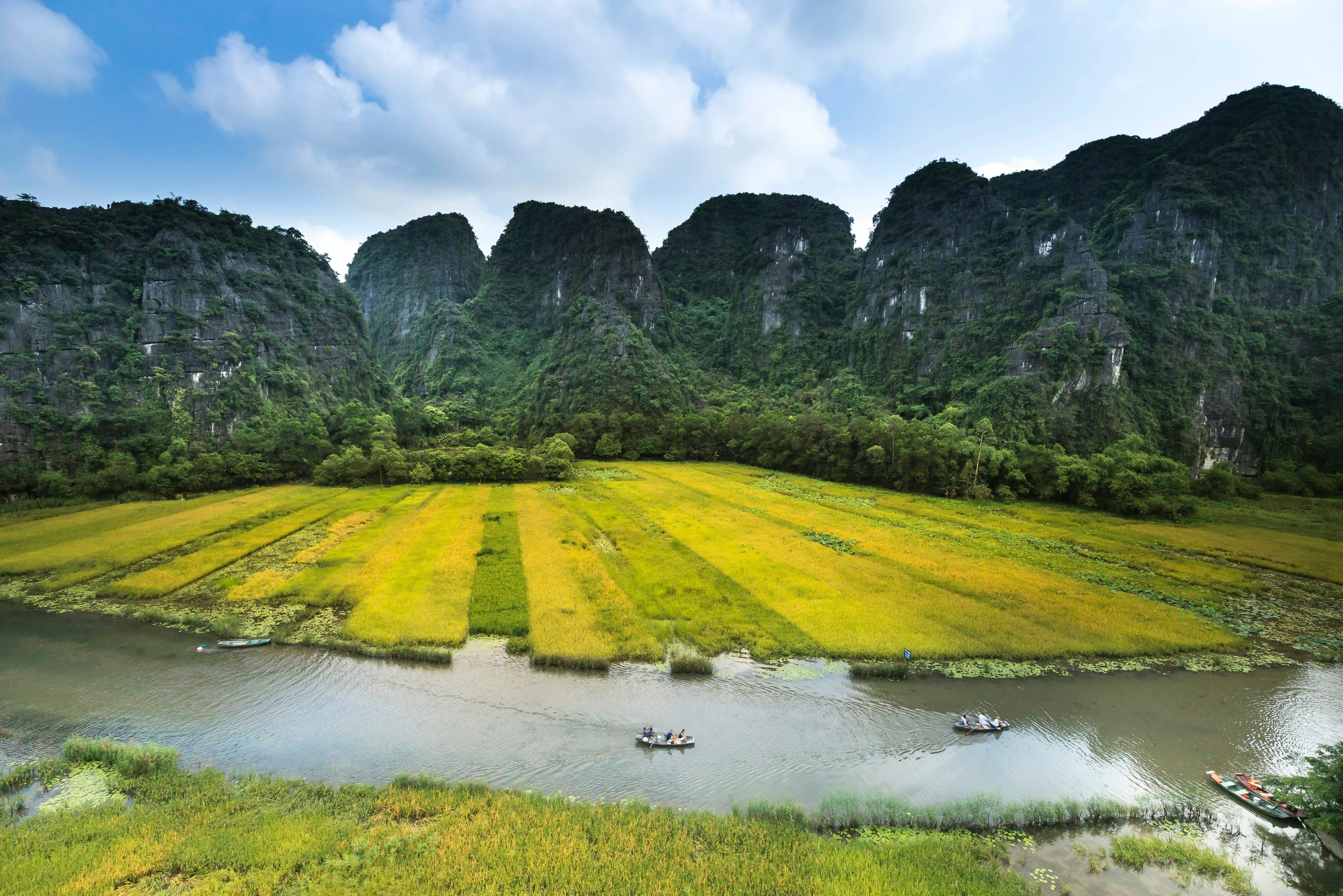a large field of grass next to a body of water