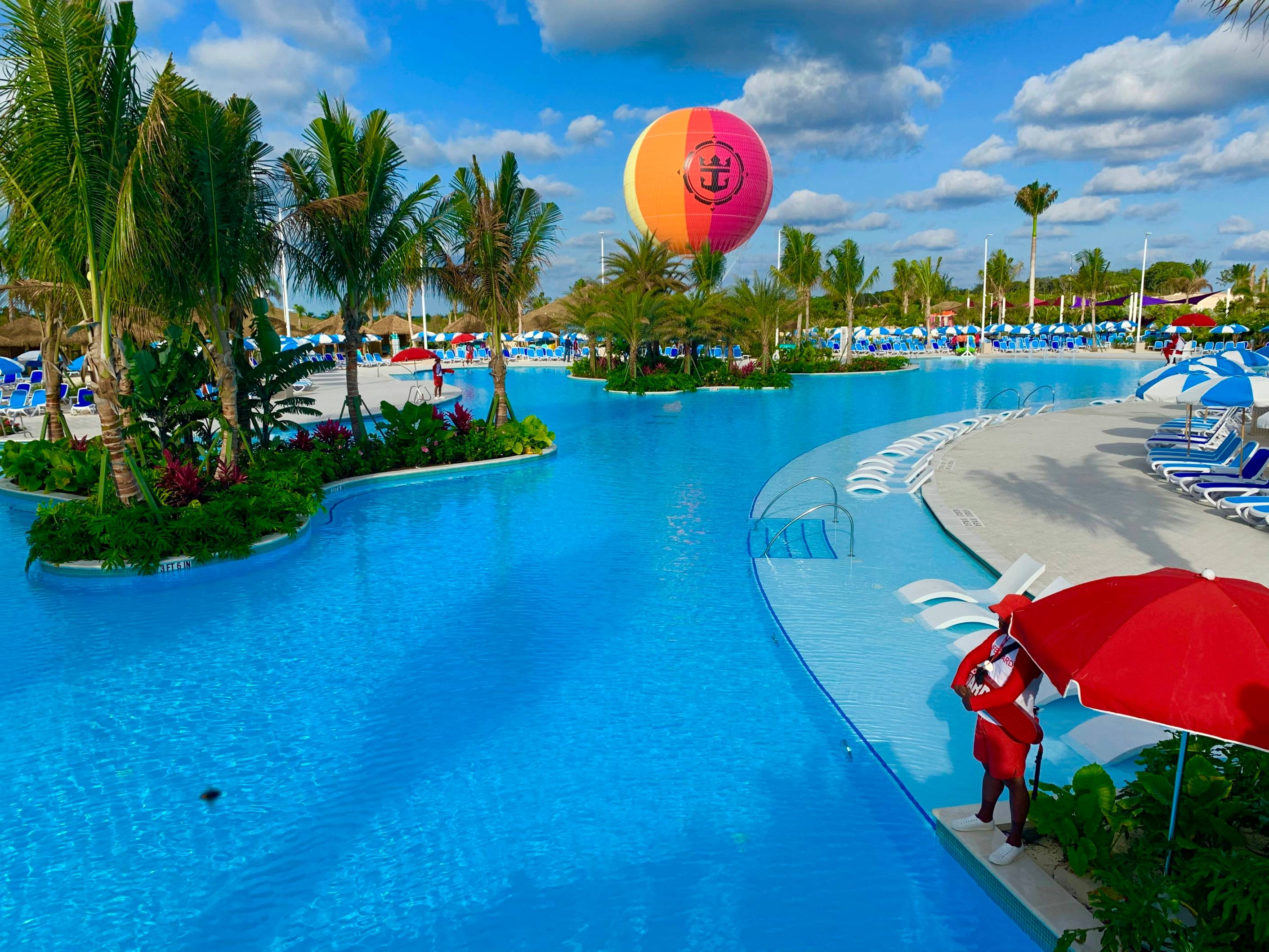 large swimming pool under white sky