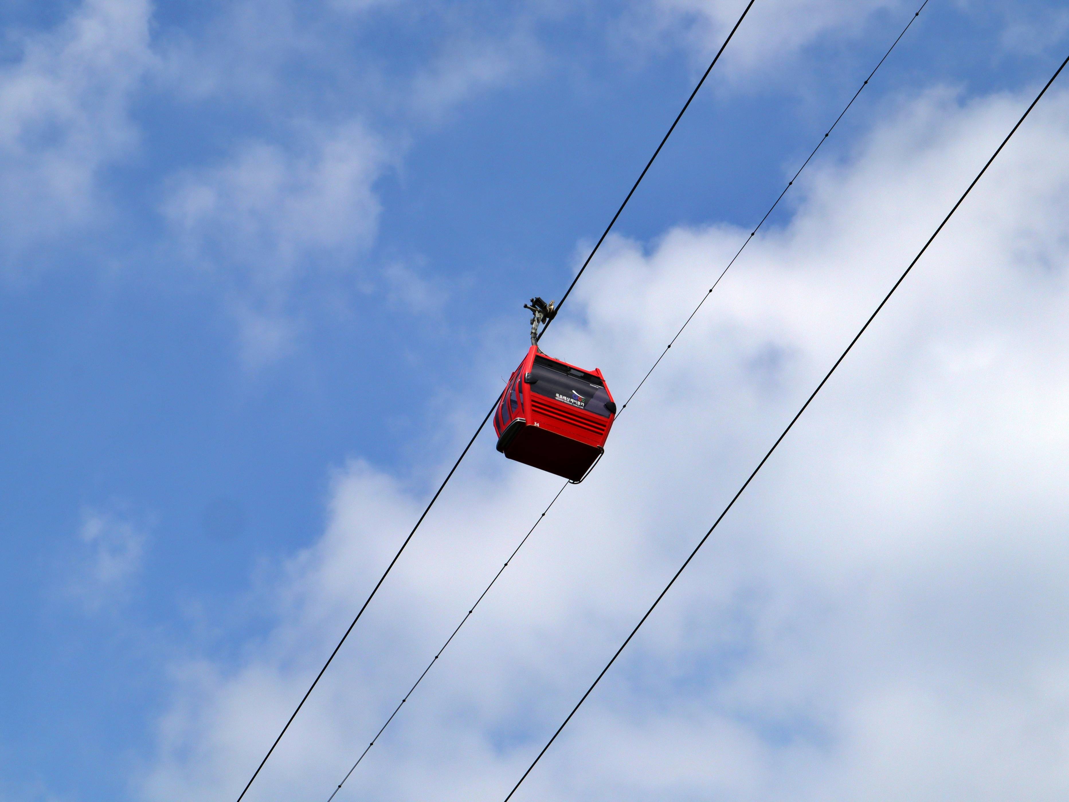red cable car under blue sky